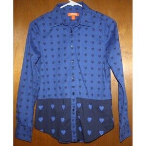 Joe Fresh Womens Top Sz XS Blue & Black Heart Long Sleeve Button Down Blouse EUC